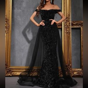 Luxe off shoulder mesh detail party formal prom wedding bridesmaids dress gown